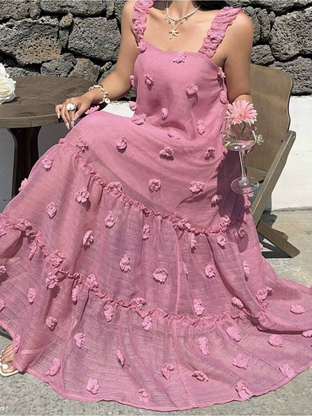 Pink Floral Appliqué Maxi Dress - Women Size XL (14)